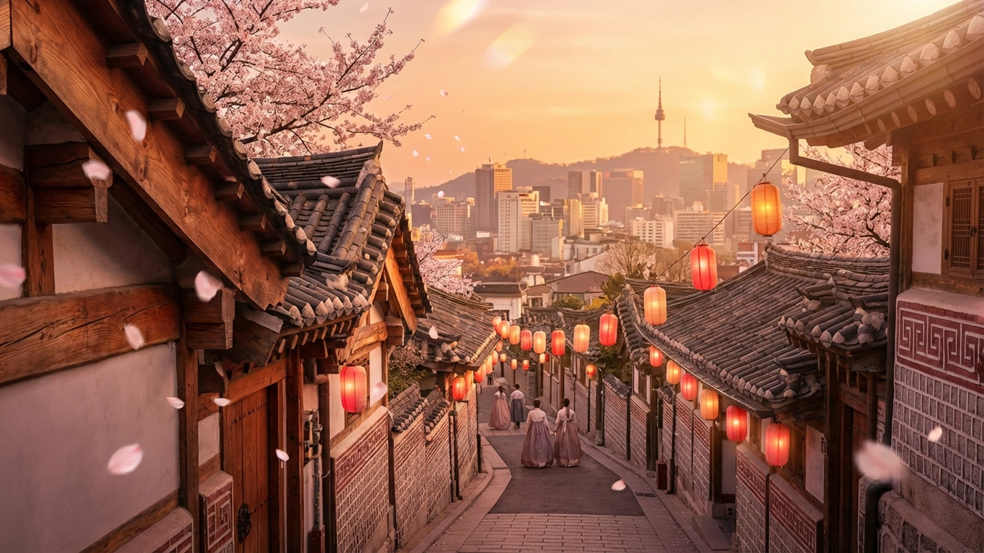 Traditional Korean hanok village with Seoul skyline at golden hour